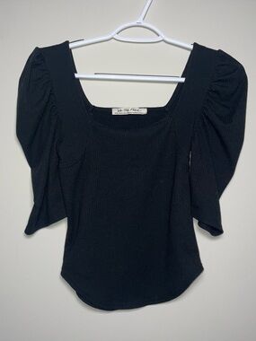 We The Free XS Black Runched Puff Sleeve Ribbed Square Neck Blouse